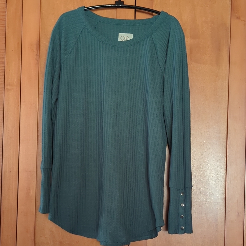 Cha Sor Teal Long Sleeve Top with Button Cuffs Large